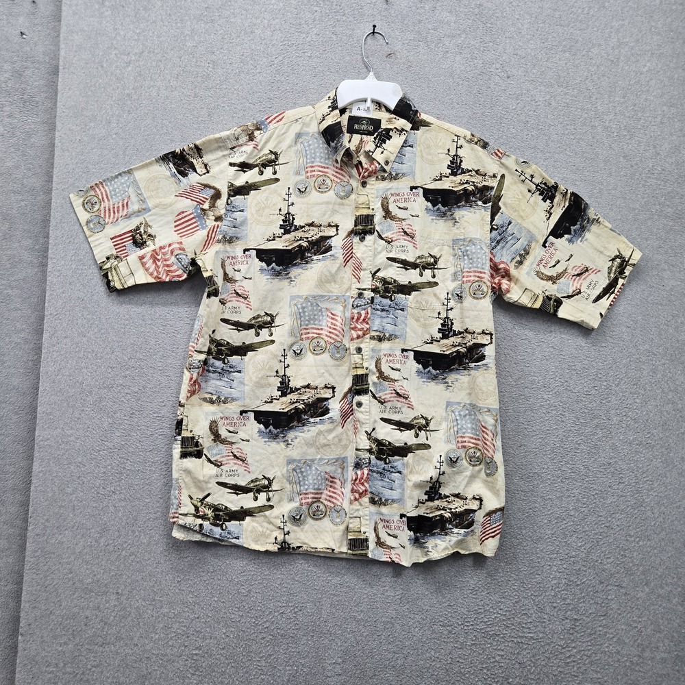Redhead Men Button Up Shirt XL Beige Casual Shirt Graphic Military Flags Pockets